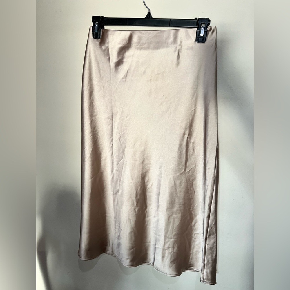 NORDSTROM champagne colored glossy silk midi skirt